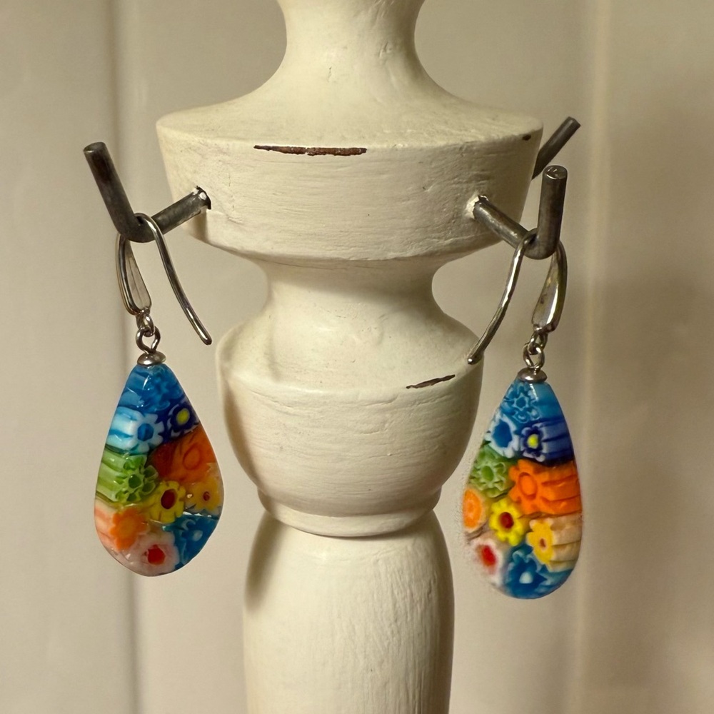 Multi Color Murano Style Millefiori Drop Earrings - Picture 6 of 6